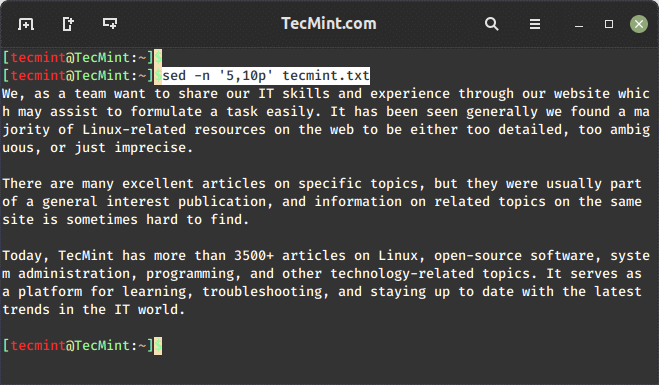 Print Range of Lines Using Sed Command