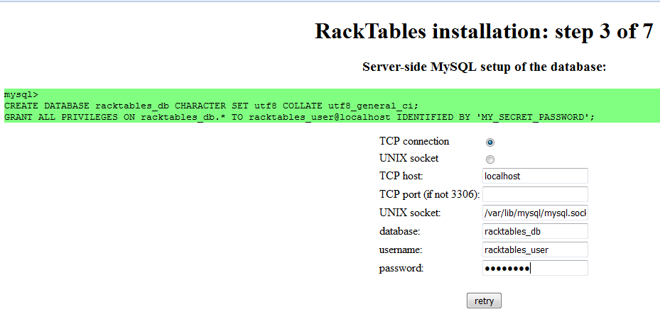 RackTables Database Settings