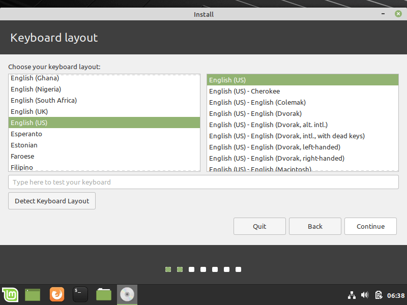  Seleccione la distribución del teclado Linux Mint 