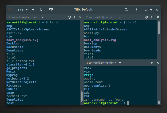 Tilix with One Vertical and Two Horizontal Linux Terminals