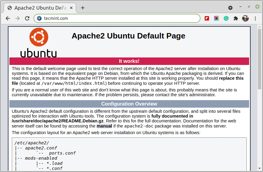 Página estándar de Apache en Ubuntu