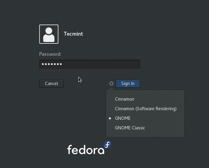 Select Cinnamon Desktop from the Fedora Login page