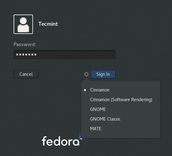  Seleccione Mate Desktop en Fedora Login 