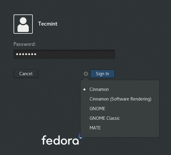 Seleccione Mate Desktop cuando inicie sesión en Fedora