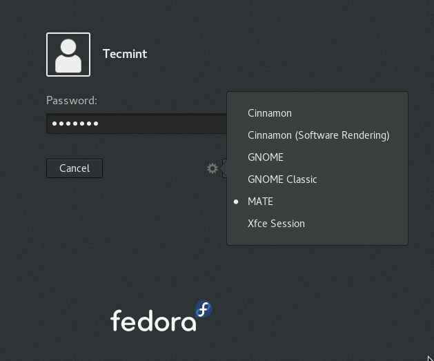Select Xfce Desktop from the Fedora Login page