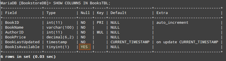 List Columns in Database Table