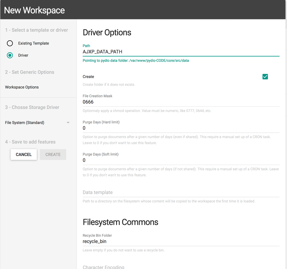 Create New Pydio Workspace