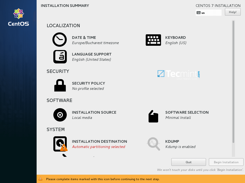 CentOS 7.5 Installation Summary 