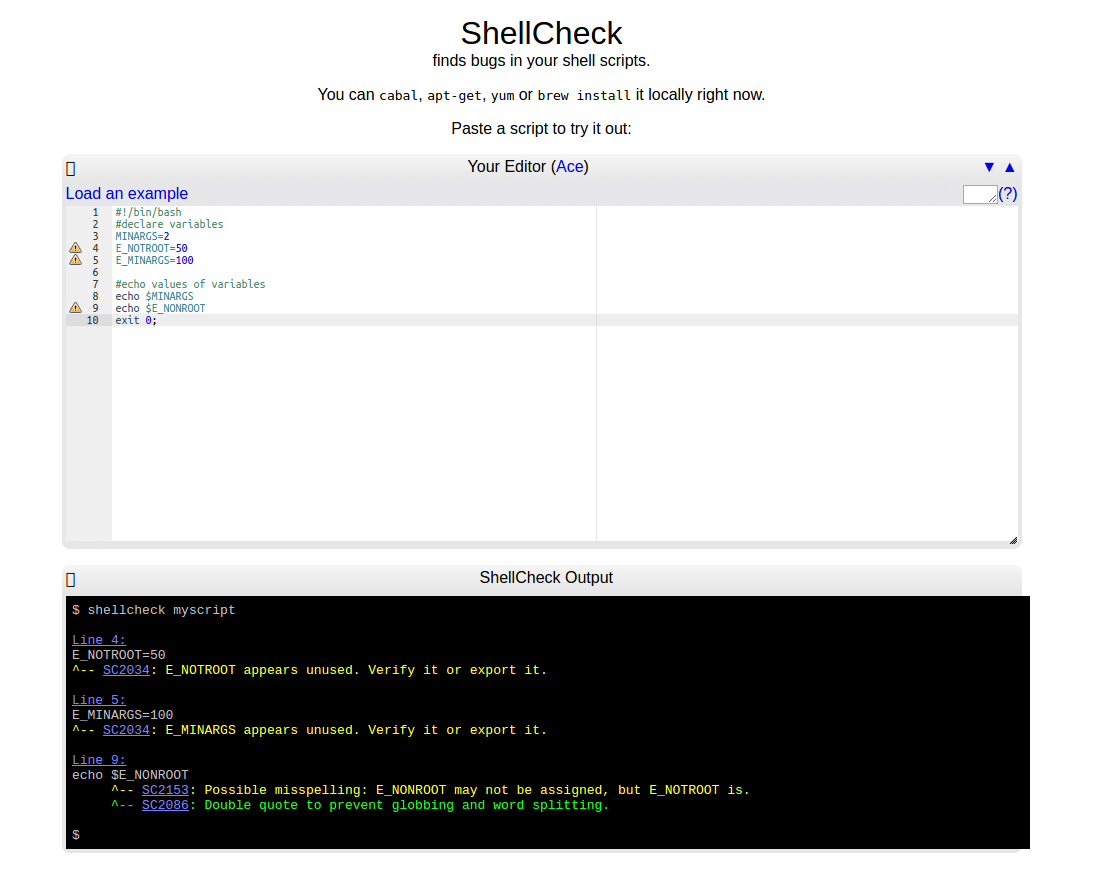 ShellCheck - Online Shell Script Analysis Tool