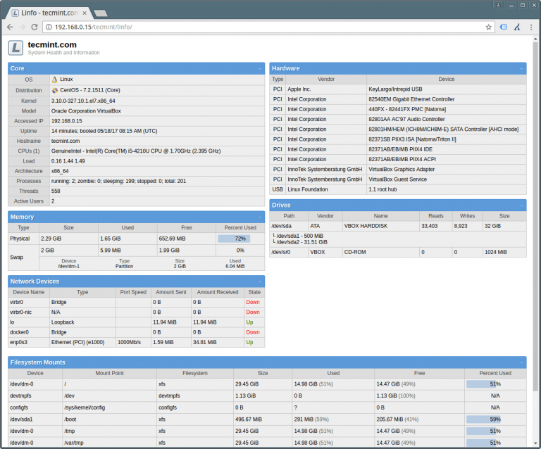Server Health Status Report Example Linfo - Shows Linux Server Health Status in Real-Time