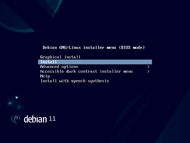 Menú de instalación de Debian 11