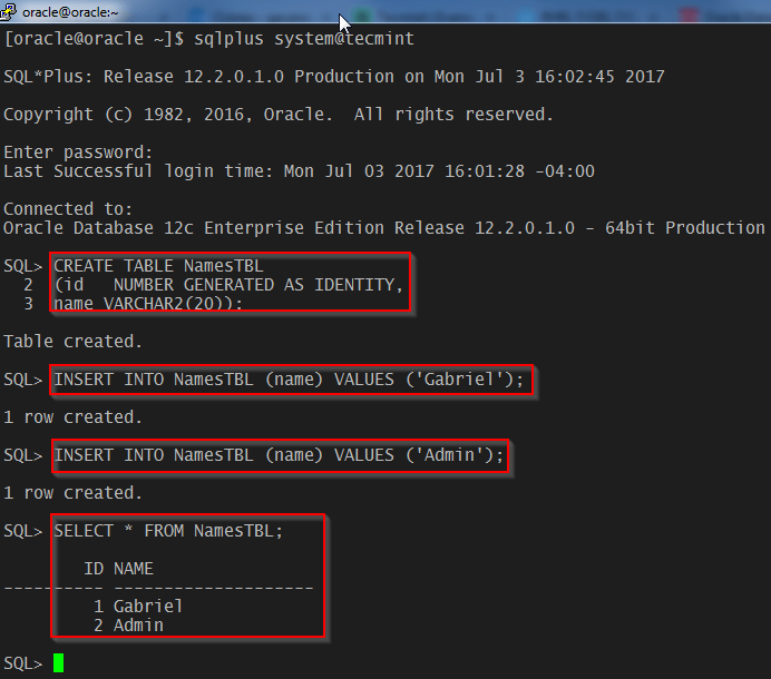 Create Table in Oracle 12c Database