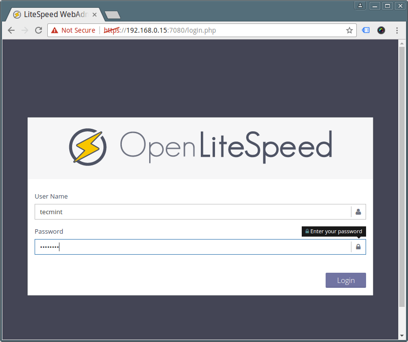 Inicio de sesión de OpenLiteSpeed ​​WebAdmin