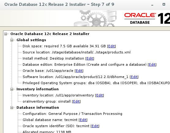 Oracle 12c Installation Settings