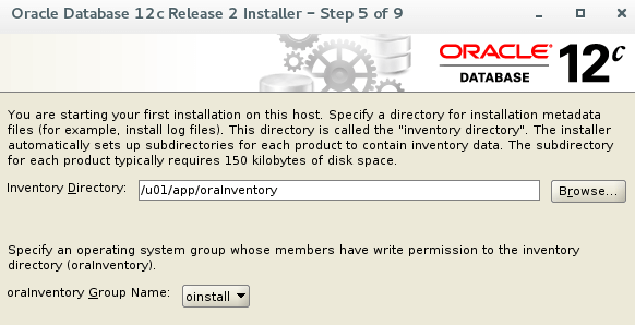  Directorio de inventario de Oracle 12c 