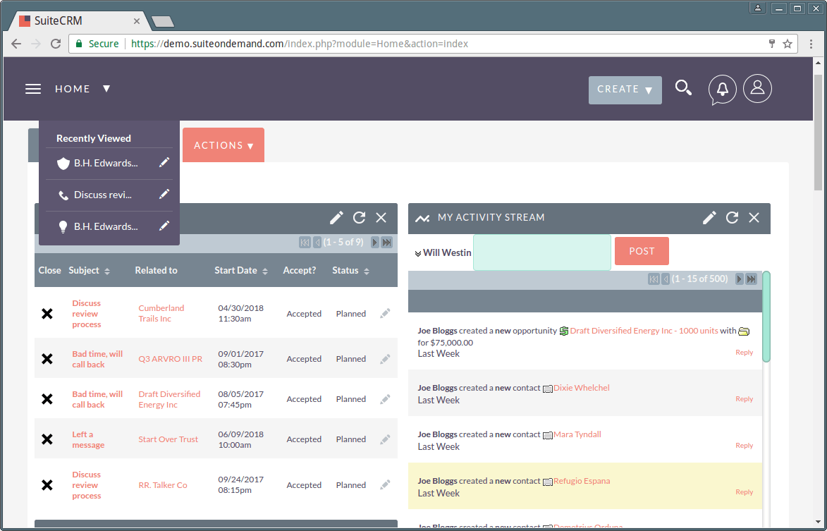 SuiteCRM Dashboard