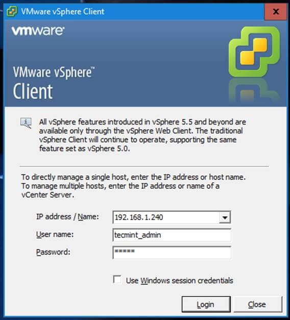  Inicio de sesión de cliente de VMware vSphere 