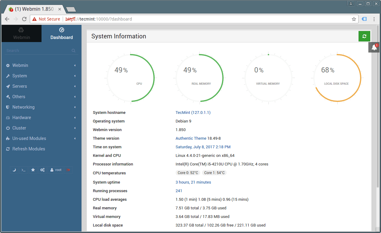 panneau de contrôle debian vds