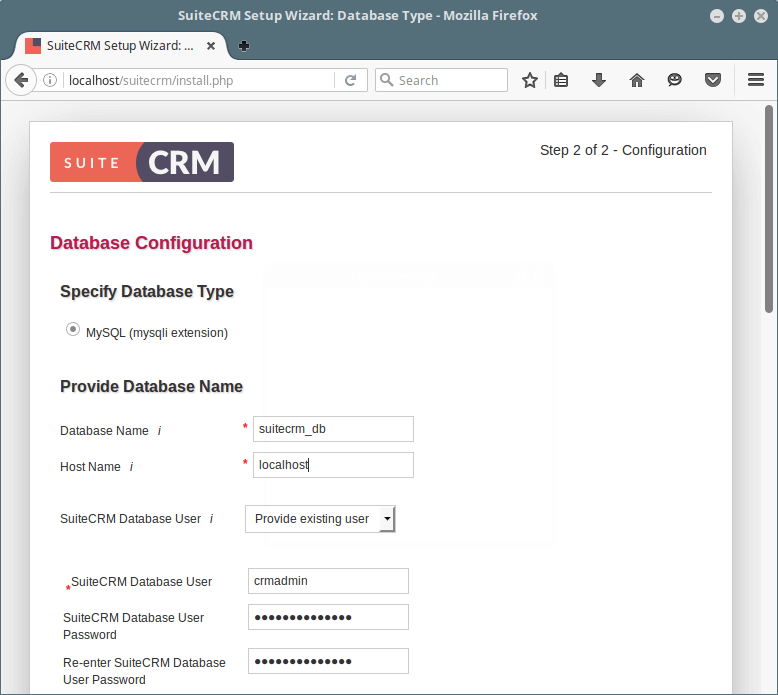  Configuración de la base de datos de SuiteCRM 