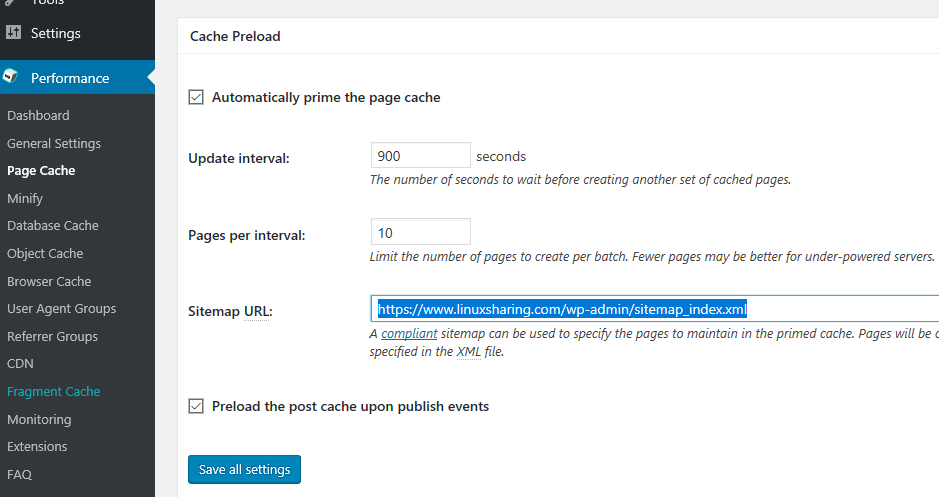 W3 Cache Preload Settings