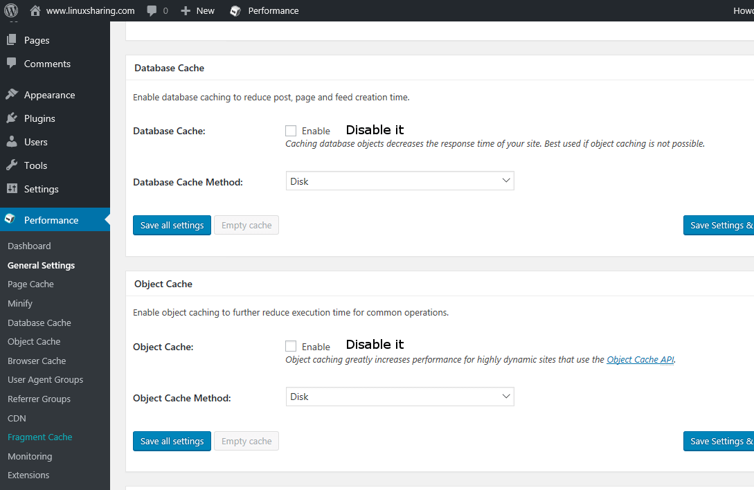 Disable Database and Object Cache