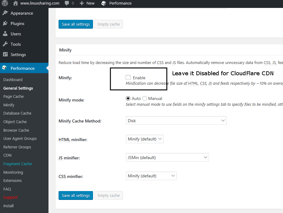 Disable Minify on WordPress