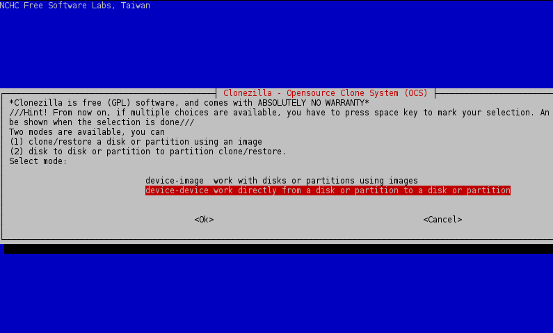 Select Clonezilla Device Mode