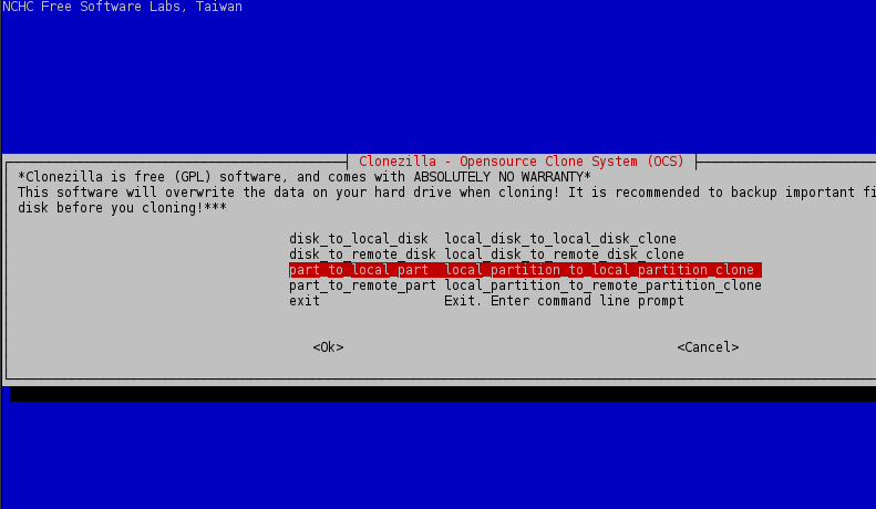 Select Clonezilla Local Partition Clone