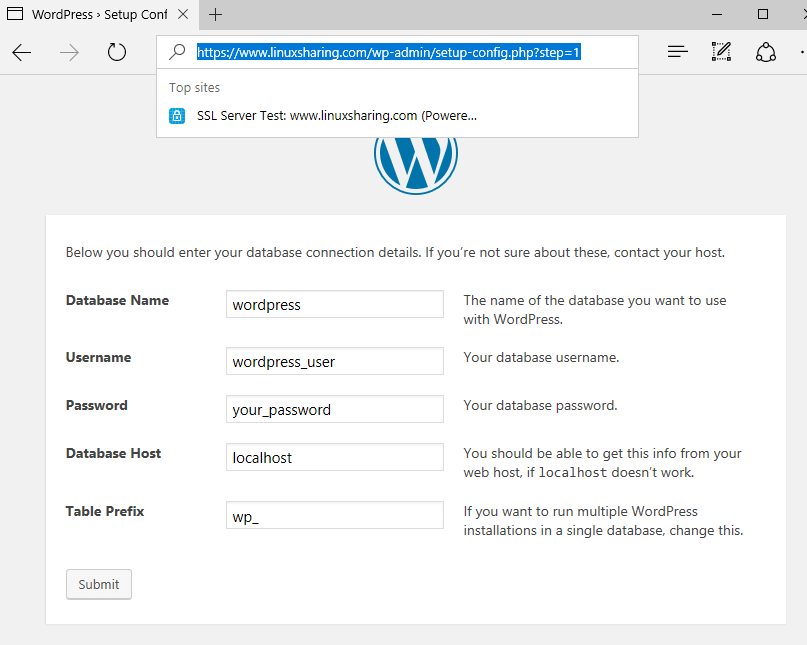 WordPress Database Settings