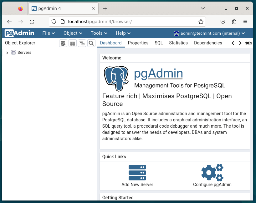 pgAdmin Dashboard