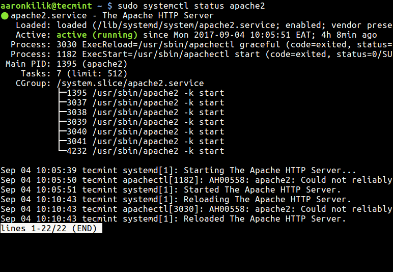  Verificar el estado de Apache usando Systemctl 