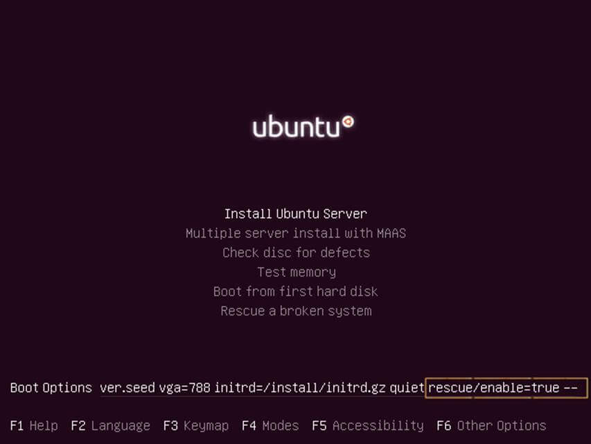 Habilitar Ubuntu Rescue Boot Option