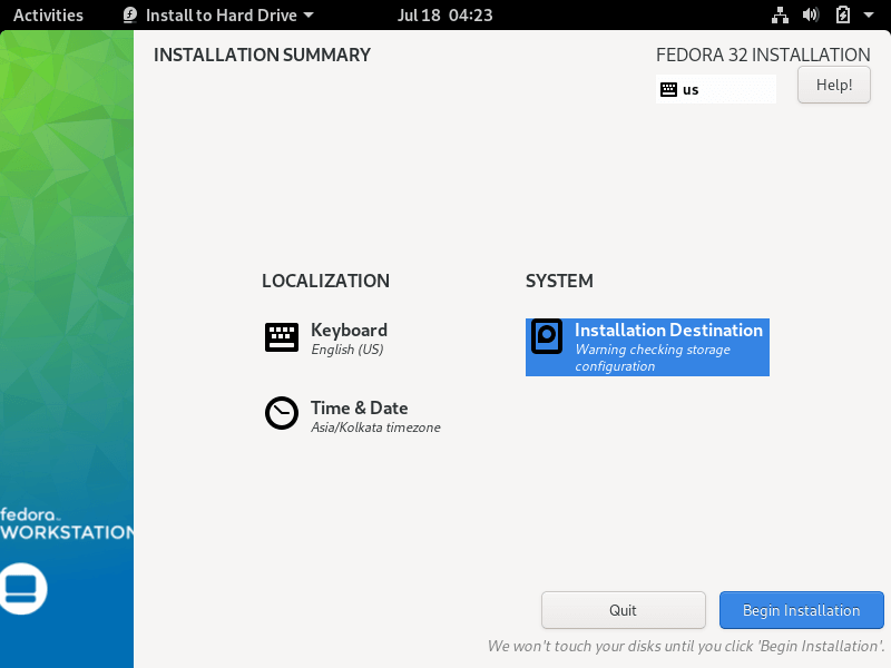 Begin Fedora 32 Installation