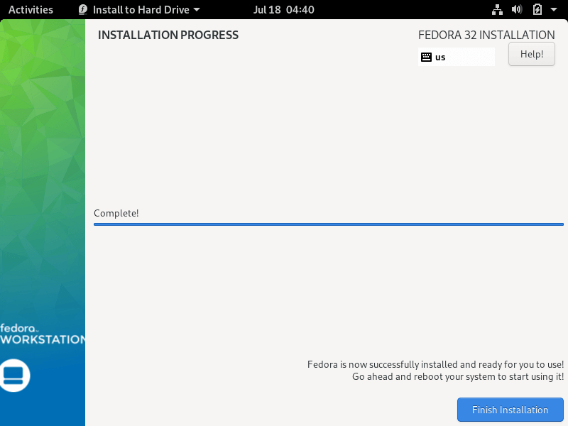 Fedora 32 Installation Complete