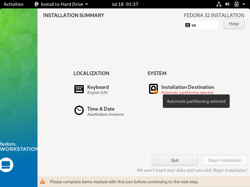 Fedora Installation Summary