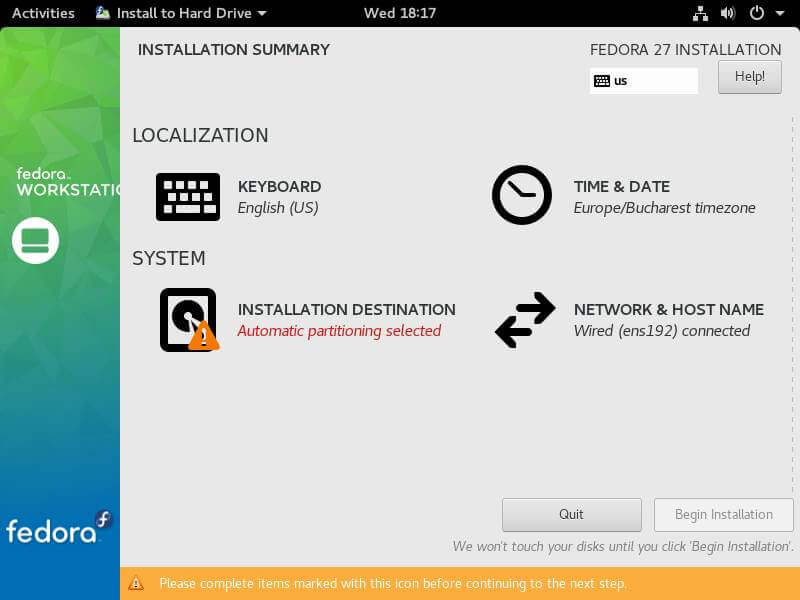Fedora Installation Summary