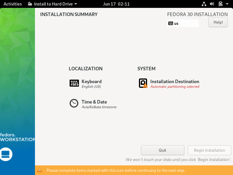 Fedora Installation Summary