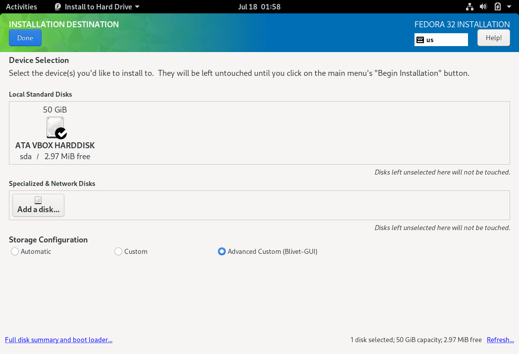 Select Fedora Installation Destination