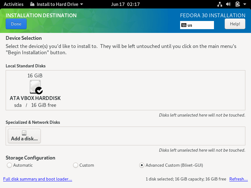 Select Fedora Installation Destination