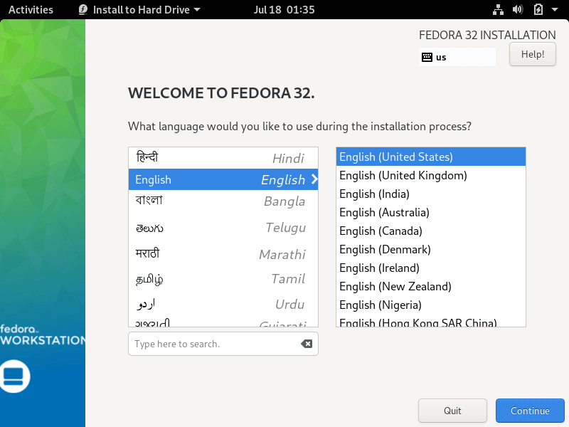 Select Fedora Installation Language