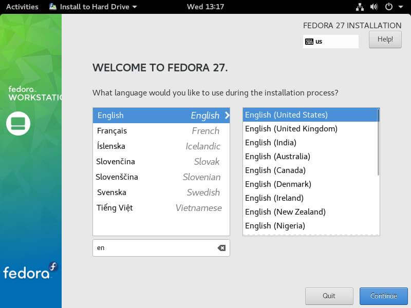 Select Fedora Installation Language