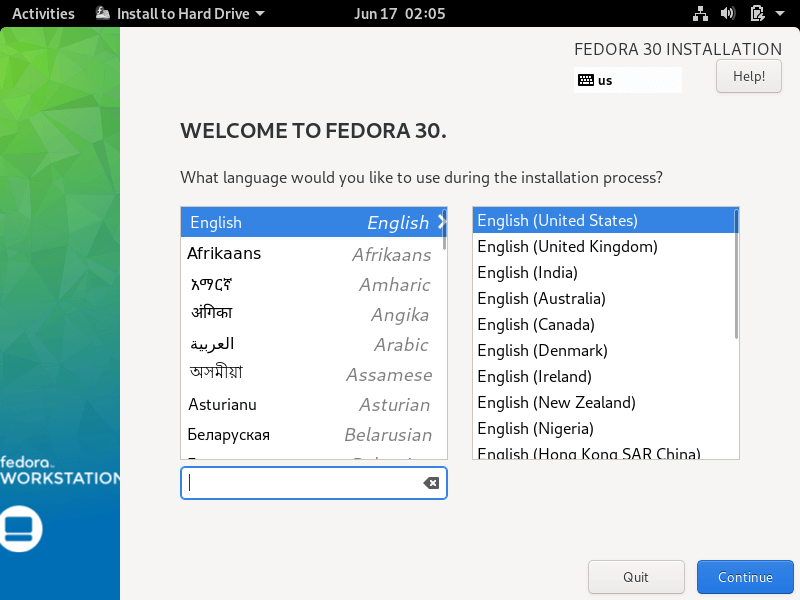Select Fedora Installation Language