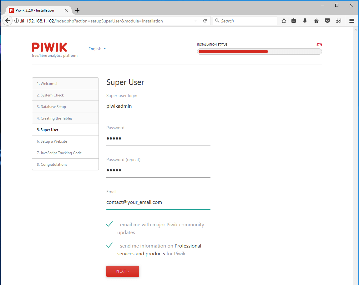 Setup Piwik Admin User