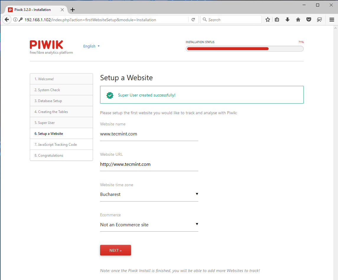  Configurar sitio web en Piwik 