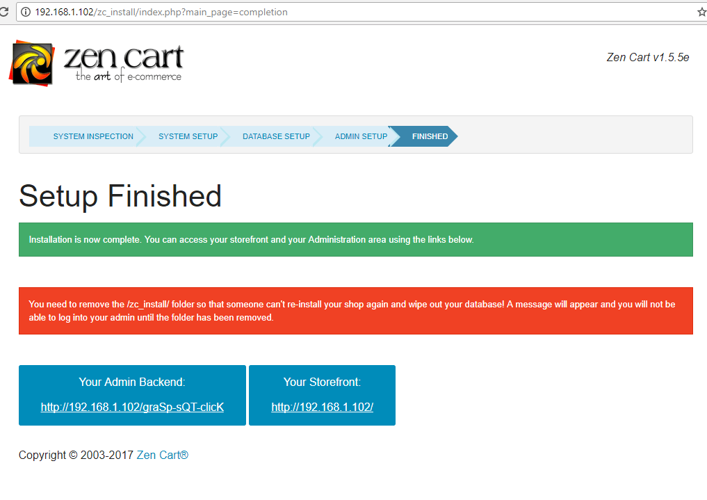 ZenCart Installation Finished
