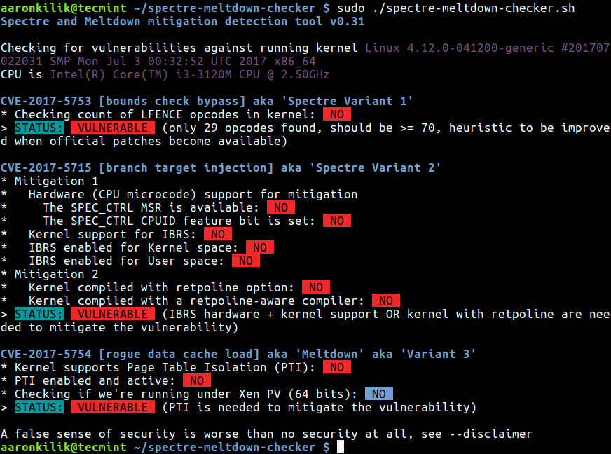 Check Meltdown and Spectre Vulnerabilities