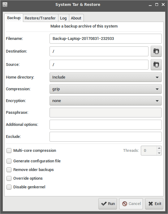 System Tar and Restore Gui