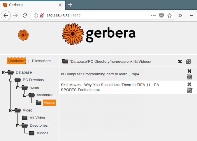  Sistema de archivos de base de datos Gerbera 
