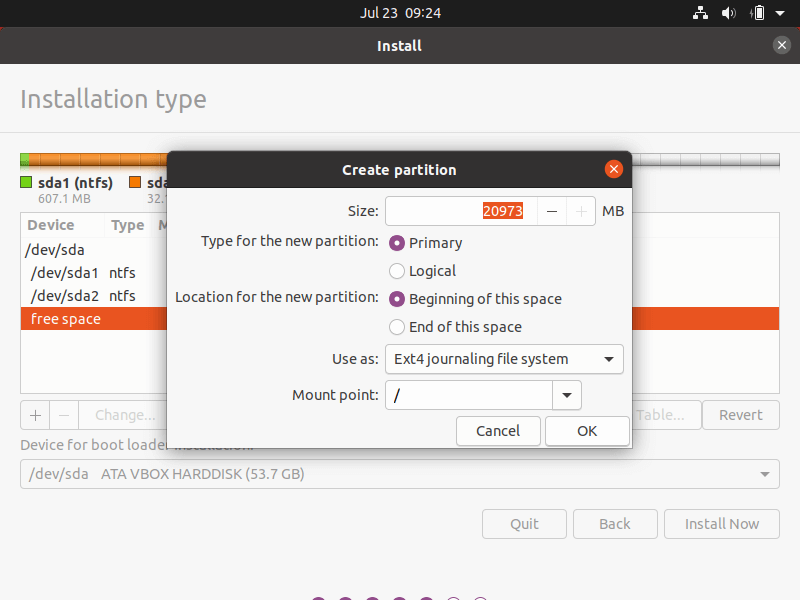  Crear raíz Partición de Ubuntu 