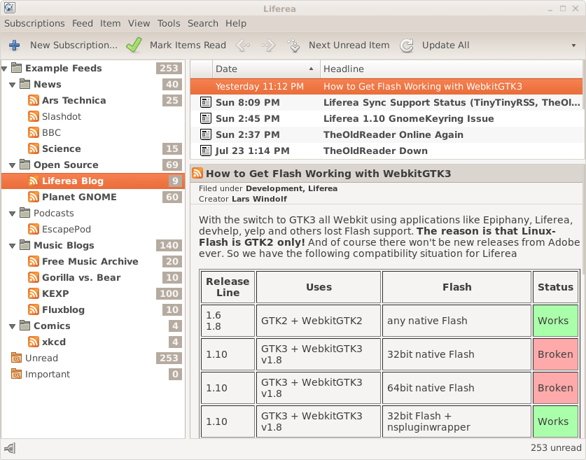 Liferea Feed Reader for Linux